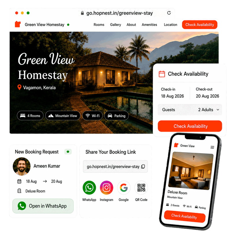 Green View Homestay direct booking page with availability, booking request, sharing options and mobile preview